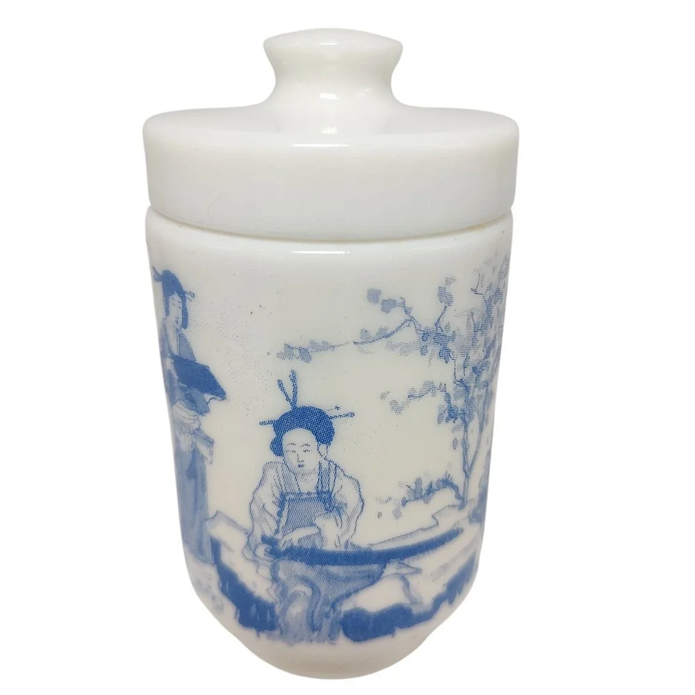 Vintage Belgium Milk Glass Japan Blue White Village Men‎ Women Boats with Lid